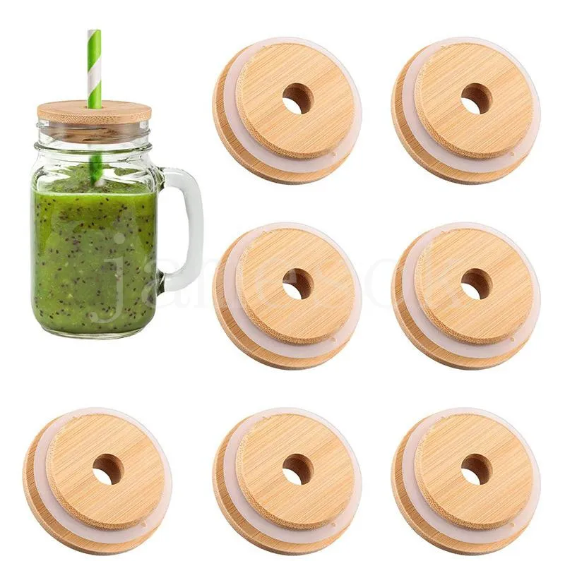 Home 70mm 86mm Bamboo Cup Lids Reusable Wooden Mason Jar Lid with Straw Hole and Silicone Seal Bowl Cover de448