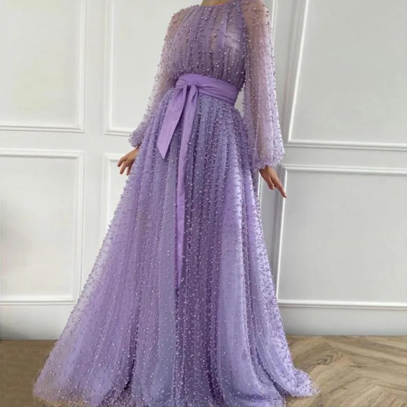 Party Dresses Lilac Prom Dress Jewel Neckline Illusion Long Puffy Sleeves Luxury Gown A Line Sash Bow Pleated Pearls Sweetie DressParty