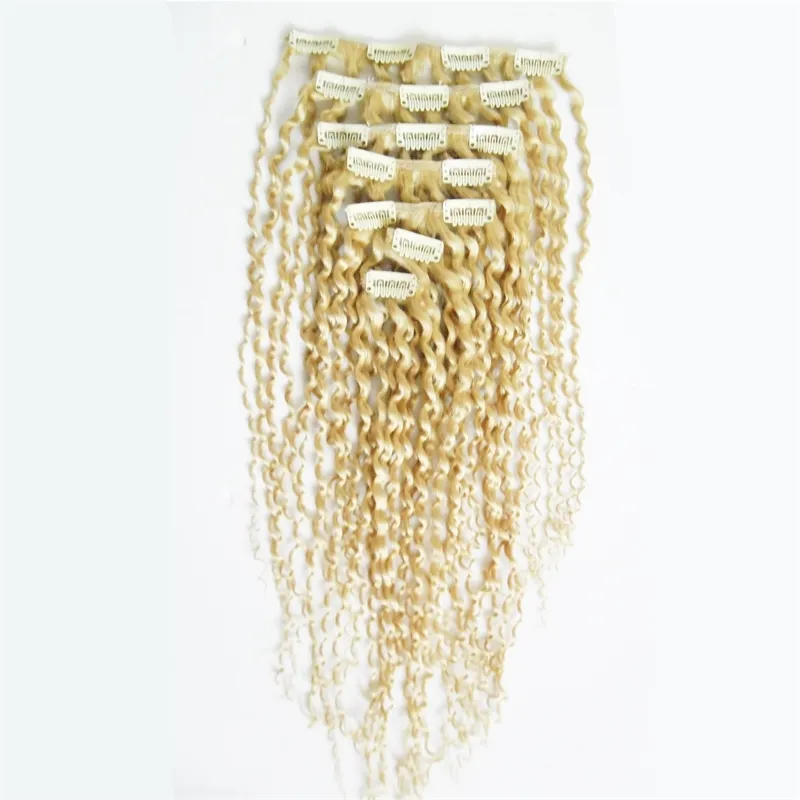 Blonde mongolische Afro-Kinky-Curly-Webart-Remy-Haarspange in Echthaarverlängerungen, 7 Stück/Set, 100 g, Clip-in-Verlängerungen W220401