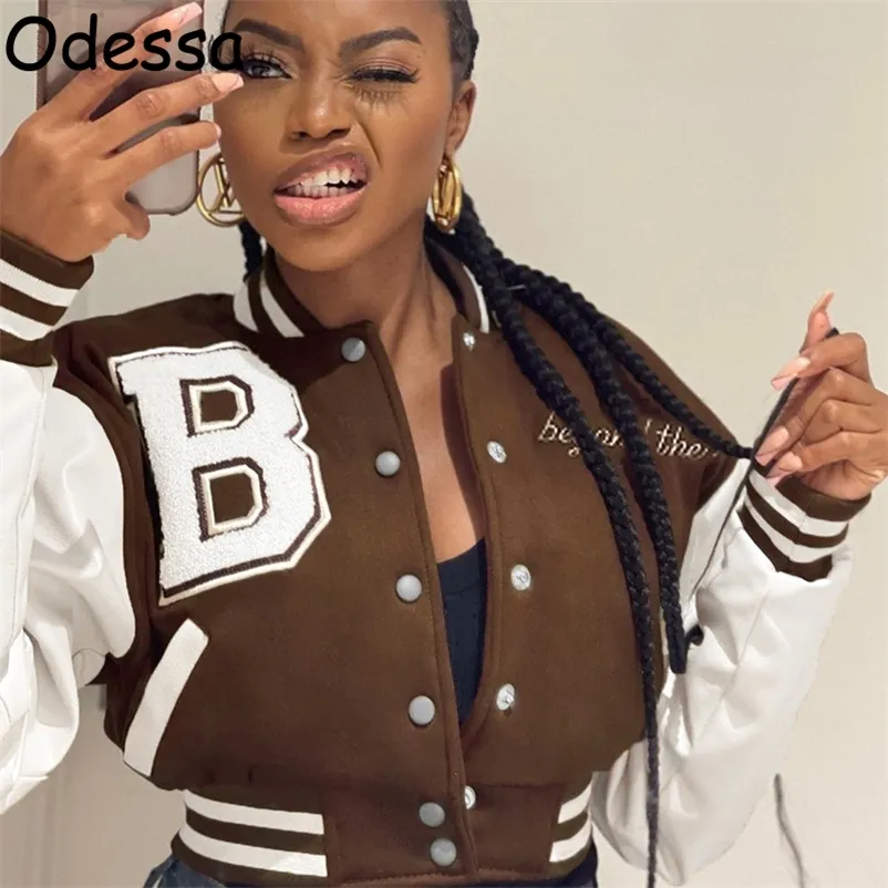 Odessa Winter Spring Long Sleeve Woman Baseball Jacket Faux Leather Y2K Varsity Bomber Crop Womens Jackets Coats 220726