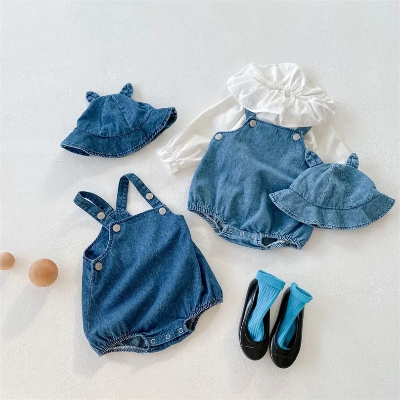 automne bébé garçon et filles denim jarretelle barboteuse + chapeau de soleil haut costume 3 pièces en option 220426