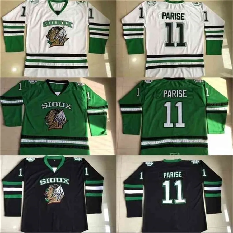 MThr # 11 Zach Parise Dakota Hockey Jersey Hommes 100% Brodé Cousu Fighting Sioux DAKOTA College Hockey Jerseys Noir Blanc Vert