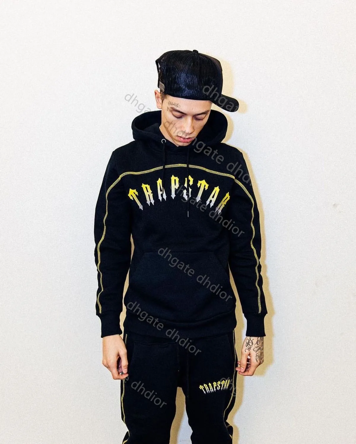 Trapstar Hoodie Central Cee Set Altın Sarı İşlemeli Mektup Sweatshirt Erkekler Modaya Uygun Set