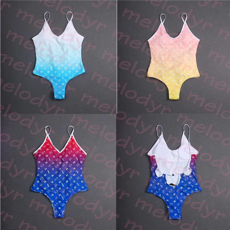 Traje de baño de una pieza multicolor para mujer Bikini sin espalda acolchado Diseñador Traje de baño ajustado Letra impresa