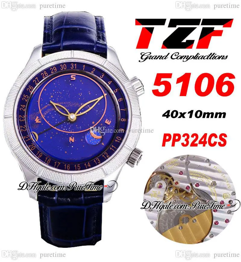 TZF Komplikationen 5106 Sky Moon Celestial A240 Automatik Herrenuhr Stahlgehäuse Blaues Zifferblatt Lederarmband Super Edition Uhren Puretime F025h8