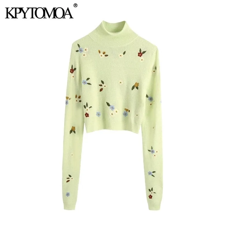 KPYTOMOA Donne Moda Ricamo Floreale Ritagliata Maglione Lavorato A Maglia Vintage Collo Alto Manica Lunga Femminile Pullover Chic Top 201221