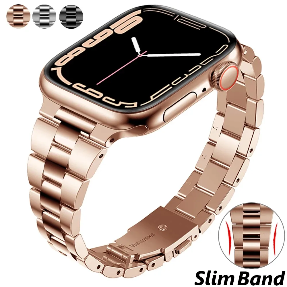 Pulseira fina feminina de aço inoxidável de luxo para relógio Apple Ultra 49mm Banda 40mm 38mm 42mm 41 45mm para iWatch 8 SE/6/5 7 Fashion Metal Lady Thin Strap