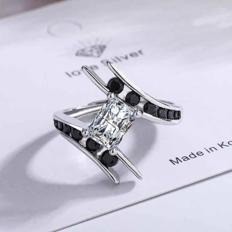 Cluster Rings Trendy Black Zircon 925 Sterling Silver Ring For Women Jewelry Adjustable Crystal Square Geometric Cool Lady GiftCluster Wynn2