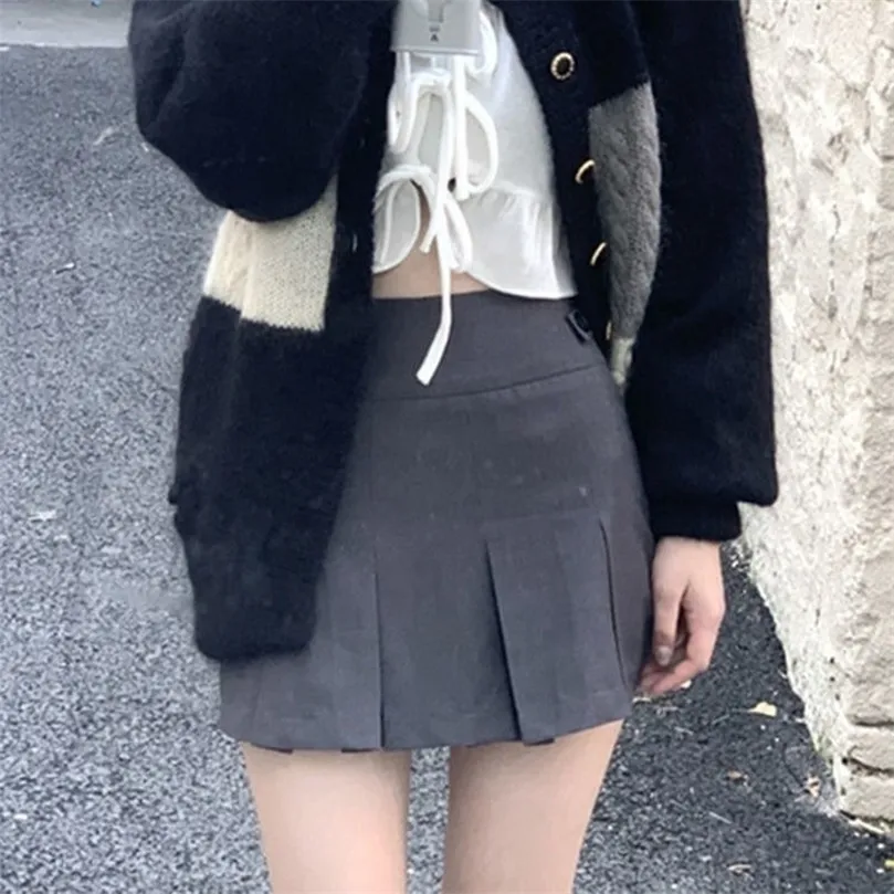 Houzhou Vintage Gray Plised Spódnica Kobiety Kawaii Wysokiej talii Mini Spódnice Koreański Moda School Uniform Harajuku Streetwear Wiosna 220401