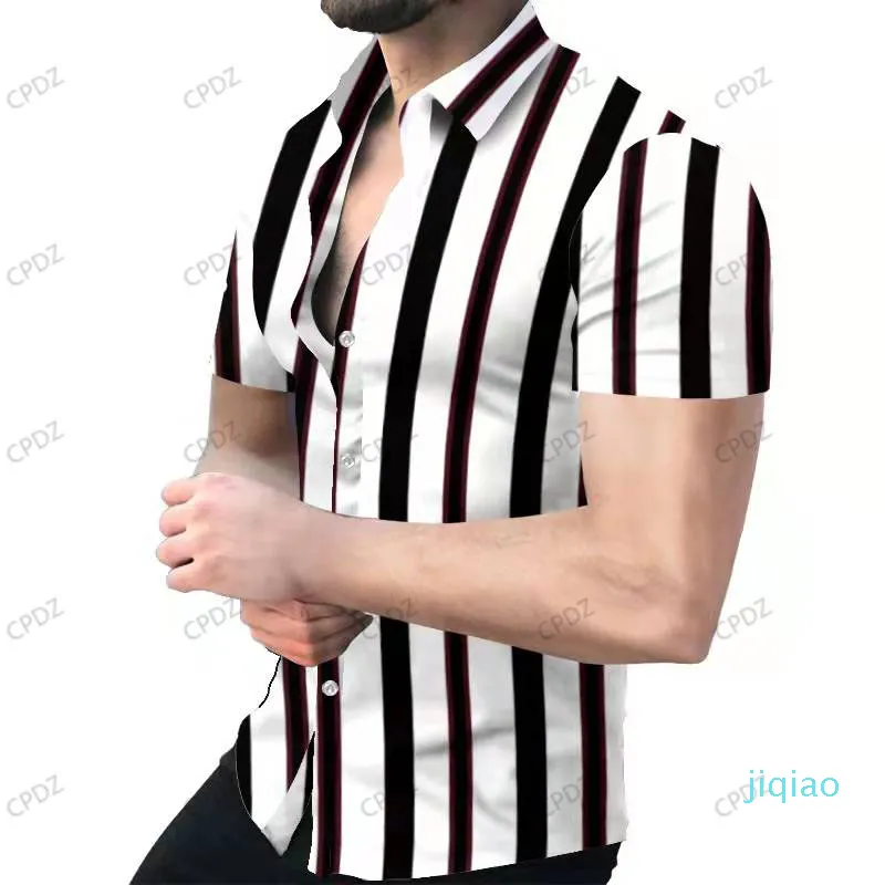 2022グラフィックシャツ男性トレンディラペル夏屋外ルーズファッションレターストライププリントボタンダウン半袖ビーチパーティースタイルハワイ