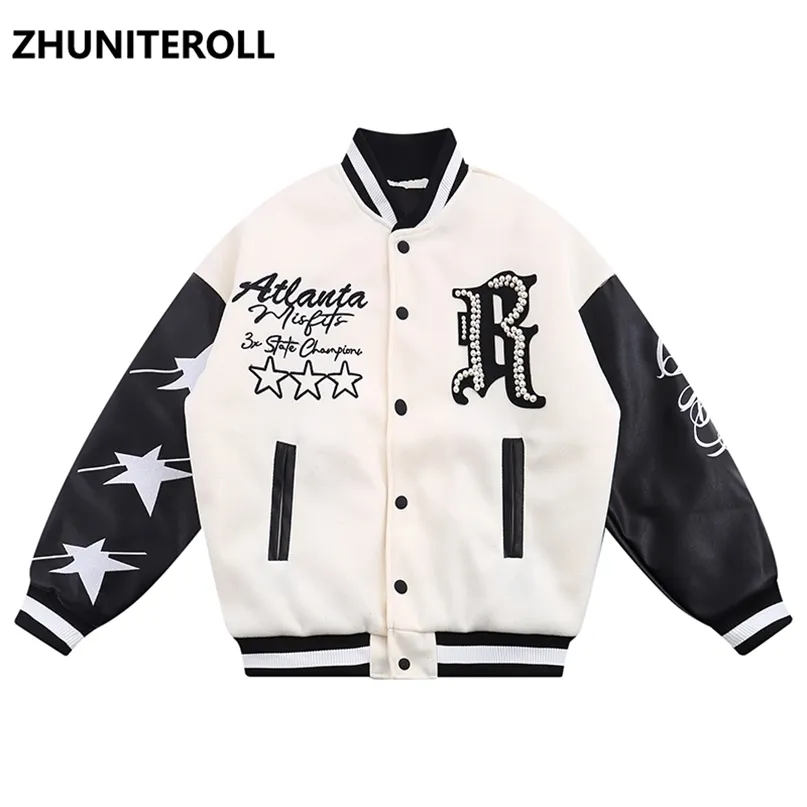 Harajuku Pu Leather Patchwork Parka Men Pearl Embroidery Thick Jacket Hip Hop Windbreaker Winter Padded Baseball Coat Loose 220817