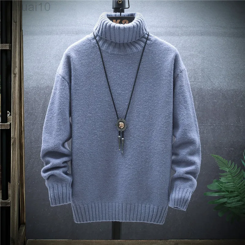 2022 Winter Thick Men's Slim Sweater Solid Color Turtleneck Pullover Sweaters Mens Korean Casual Men Long Sleeve Knitwear Coats L220801