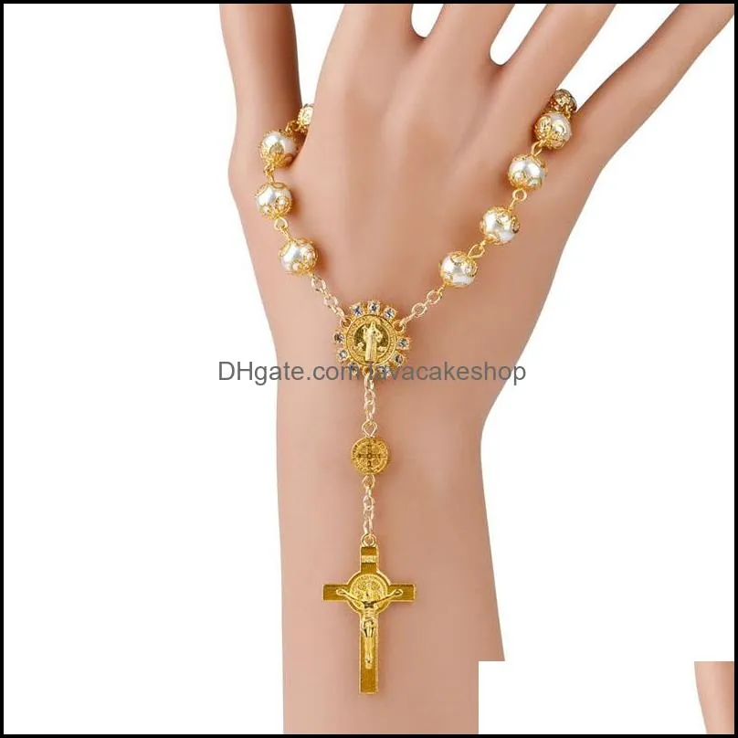 Imitation Pearl Beads Catholic Rosary Crucifix Pendants Bracelet Christening Gifts Baptism Souvenir Wholesale Fast Shipping ZC2102