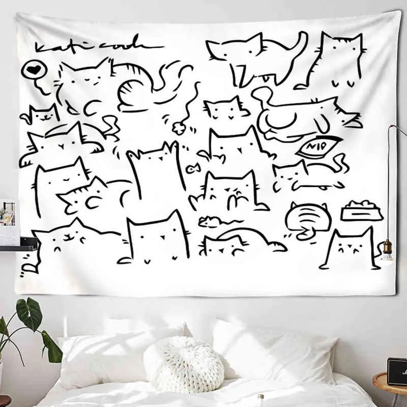 Cartoon Tea Cup Cat Tapiz Hippie Kawaii Wall Hanging Girl Room Home Decor J220804