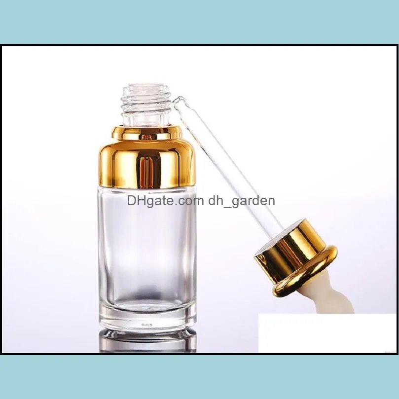 Clear Glass Essential Oil Perfume Bottles Liquid Reagent Pipette Bottles Eye Dropper Aromatherapy Plated Gold Silver Cap 20-30-50ml
