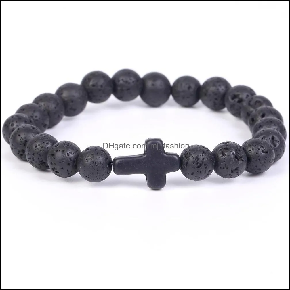 Trendy 8mm Black Lava stone turquoise Bead cross Strands bracelet  Oil Diffuser Volcanic Beads Bracelet For Women men Jewelry