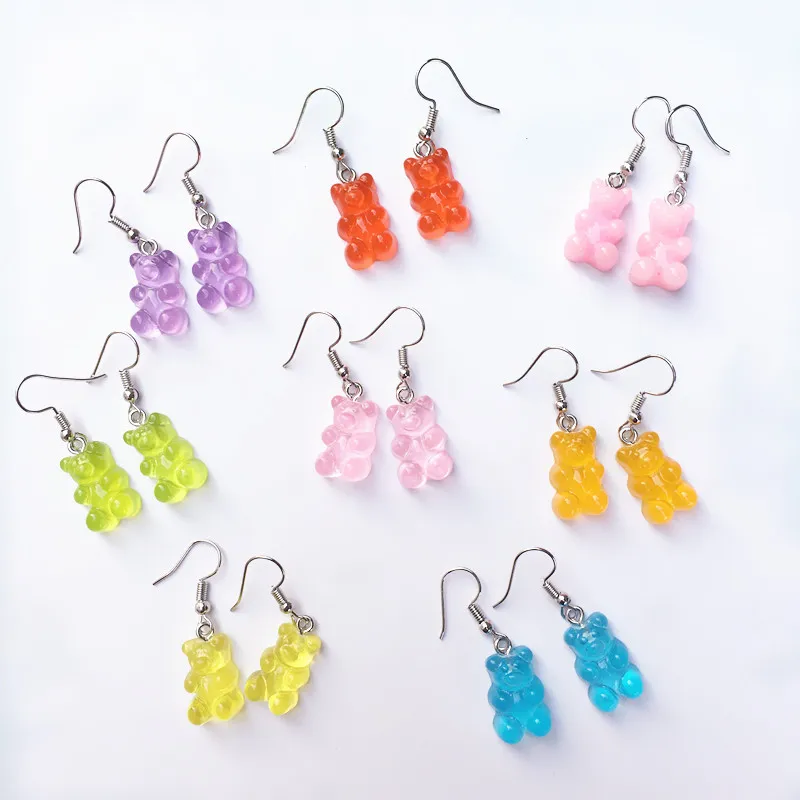 Pendiente colgante con forma de oso de dibujos animados para mujer y niña, aretes de resina coloridos de Color caramelo, aretes de animales encantadores, regalo divertido de joyas de fiesta