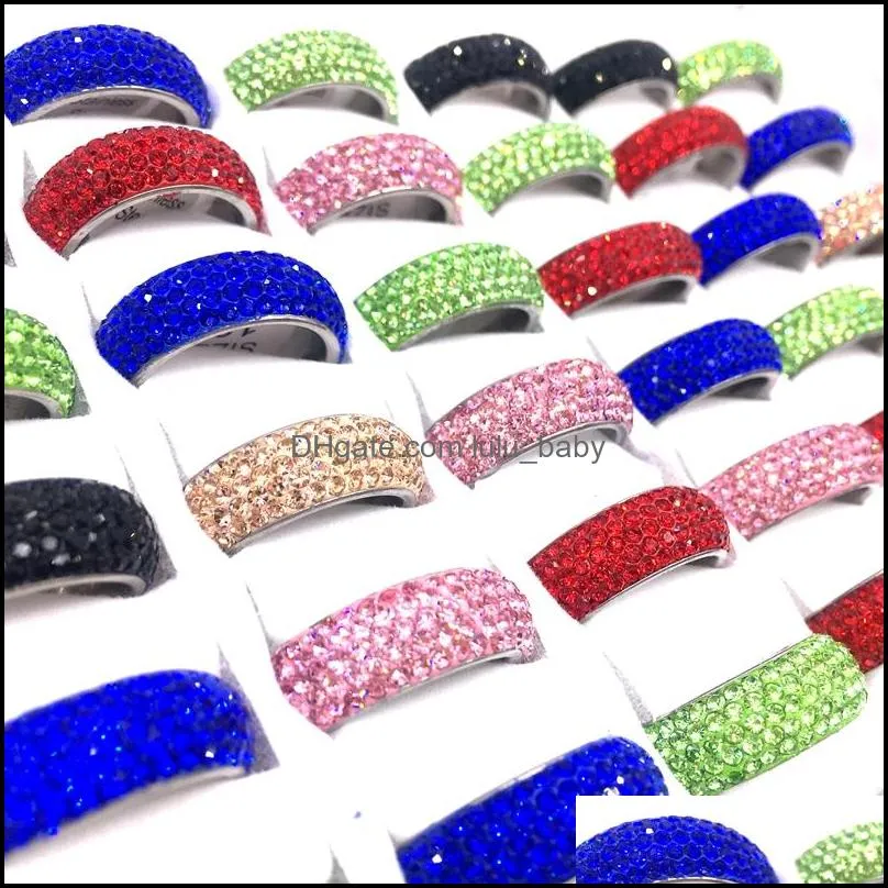 36pcs women`s rings clay full rhinestone hand inlay 5 row stainless steel band fashion jewelry wholesale mix colors