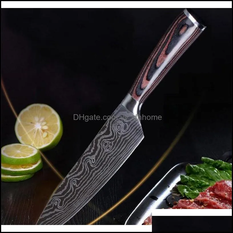 wholesale kitchen tools stainless steel damascus knife delicate color wooden handle slicing fruit vegetable paf14356