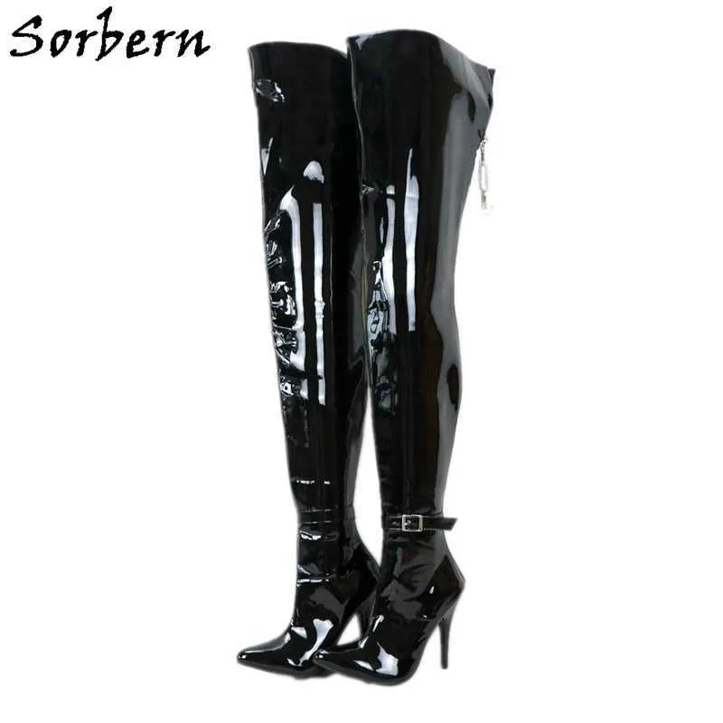 Sorbern Unisex 12Cm High Heel Boots Women Lockable Zipper Back Stilettos Mid Thigh High Boot Hard Shaft Ankle Strap Pointed Toe