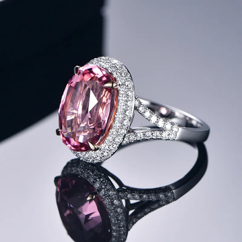 Sweet Pink Zircon Crystal Round Full Diamond 18K Gold Plated Ring European och amerikansk stil Kvinnor Fashion Wedding Party Jewelery Girls Gift Justerbar storlek