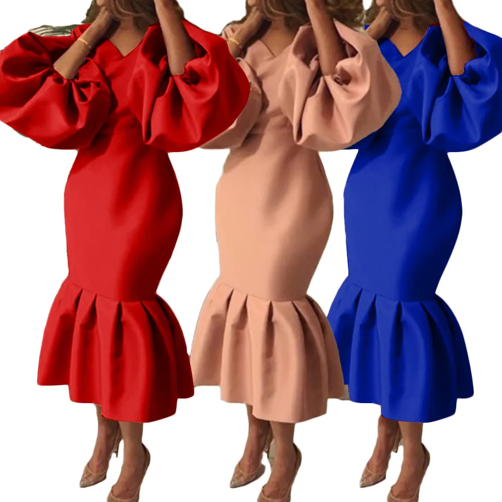 sexiga klänningar kroppskon kvinnor sommar puff långärmad sjöjungfru aftonklänning fest kväll slitage ruffles trumpet prom bär