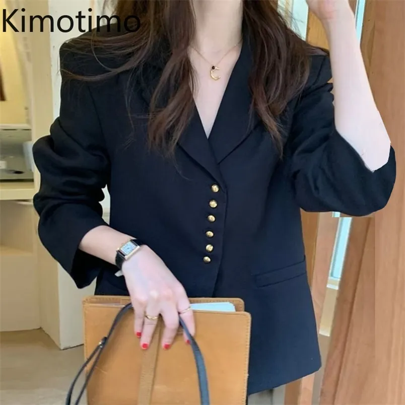 Kimotimo Vintage Blazers Kadın Kore Chic Turn-Aşağı Yaka Metal Düğme Tasarım Ceket Sonbahar Rahat Uzun Kollu Suit Coat 220402