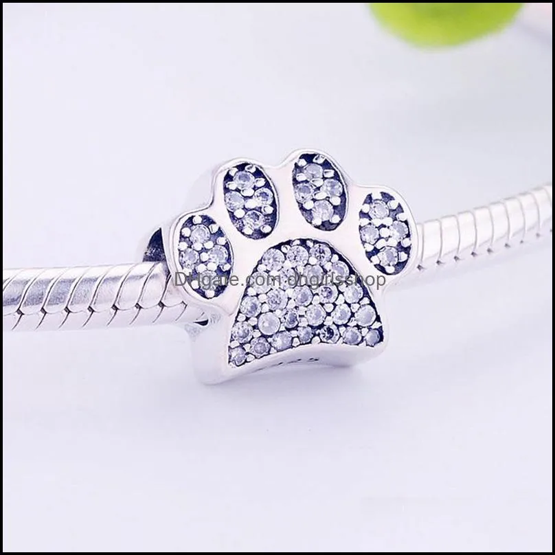 925 sterling silver toy dog print bear paw zircon stone beads fit original pandora charm bracelet for making berloque diy