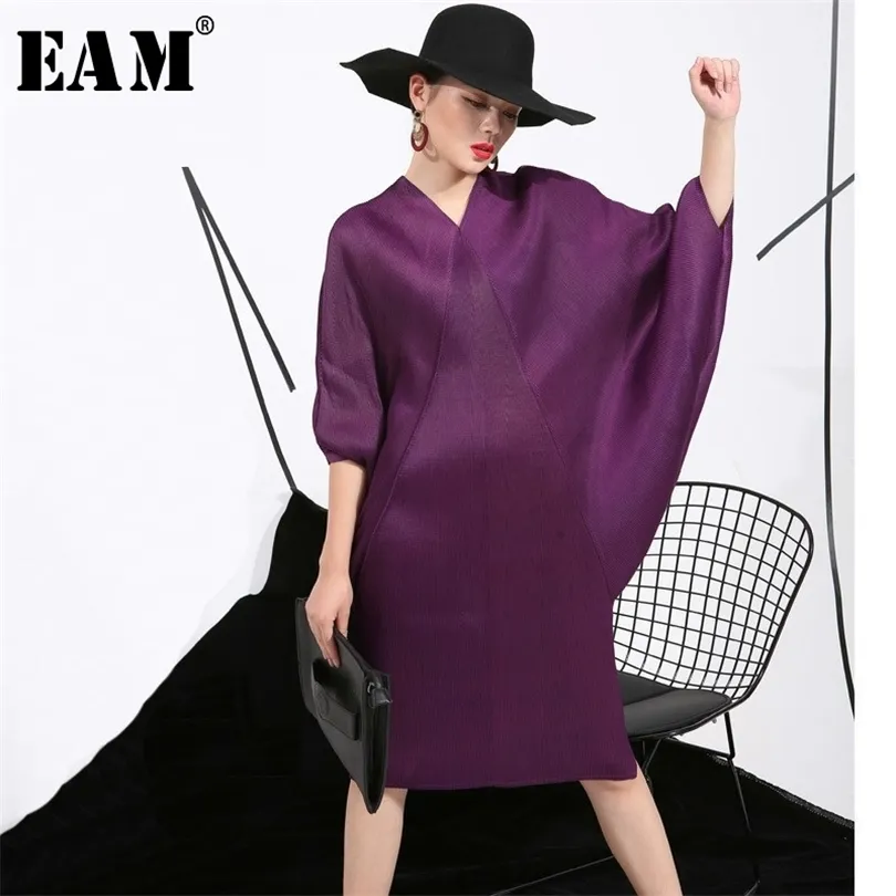 Eam Spring Spring Trendy New Crimp Bat Sleeve Design Big Size Loose Tamanho grande vestido de cor sólida Mulher Moda FU11191 T200319