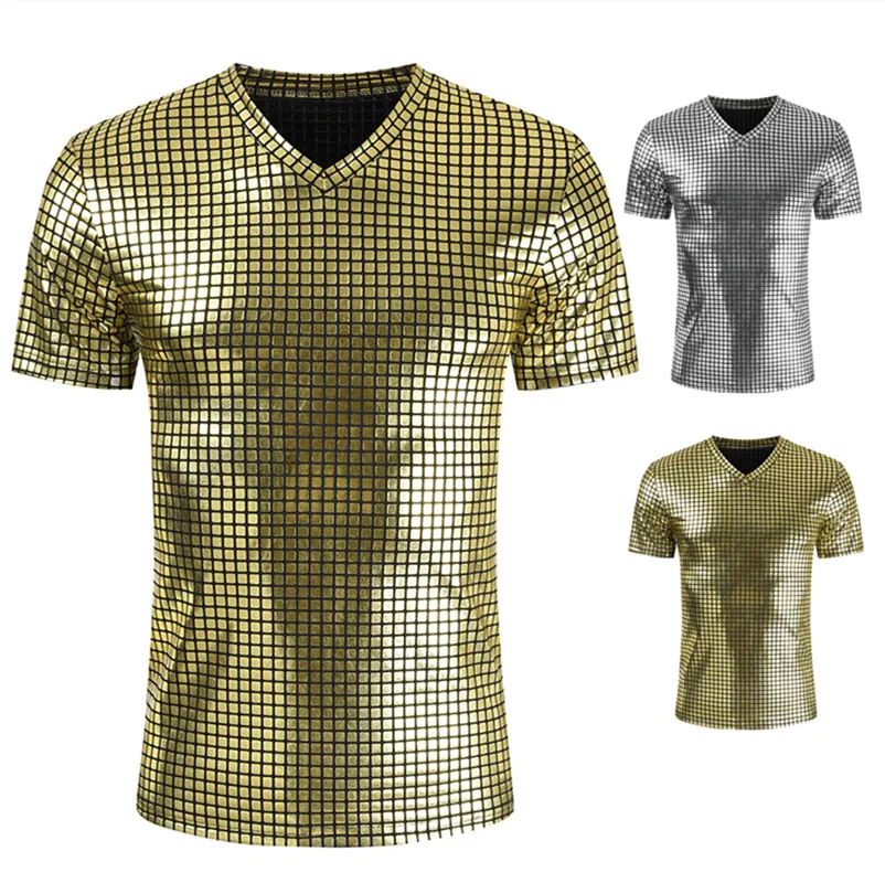 T-shirts T-shirts Goud Zilver Plaid Metallic Nightclub Wear Tshirt Mannen Sexy Nieuwe Disco Party Stage Prom Tshirts Mannen Slanke Fit V-hals Tee Shirt Homme