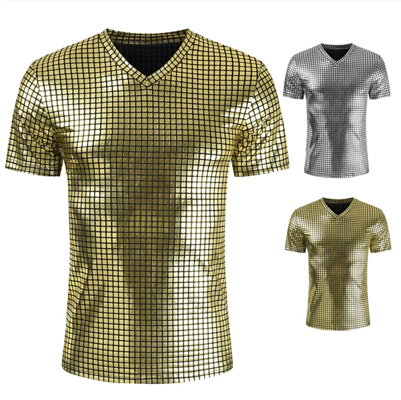 T-shirt da uomo Oro argento plaid metallizzato Nightclub Wear Tshirt Uomo Sexy New Disco Party Stage Prom Magliette Uomo Slim Fit scollo a V Tee Shirt Homme