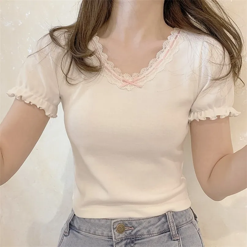 White T-Shirt for Sweet Girl Ribbon Lace Trim V-Neck Bowknot Puff Sleeve Slim Cotton TShirt Kawaii Clothes Summer Tops 220402