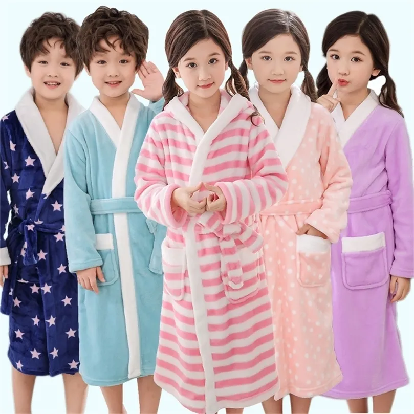 Winter Warm Bathrobe for Children Lengthened Flannel Robes 5-14 Years Girls and Boys Striped Sleepwear Cotton Kids Bathrobe LJ201216