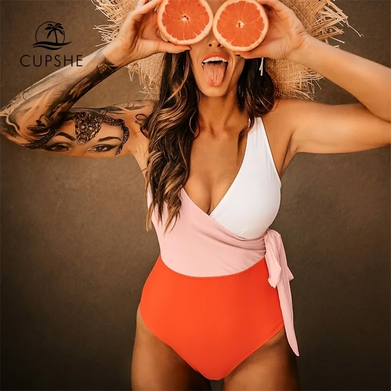 Orange And White Colorblock Onepiece Swimsuit Women Patchwork Belt Bow Monokini Vneck Beach Bathing Suit Swimwear 220621