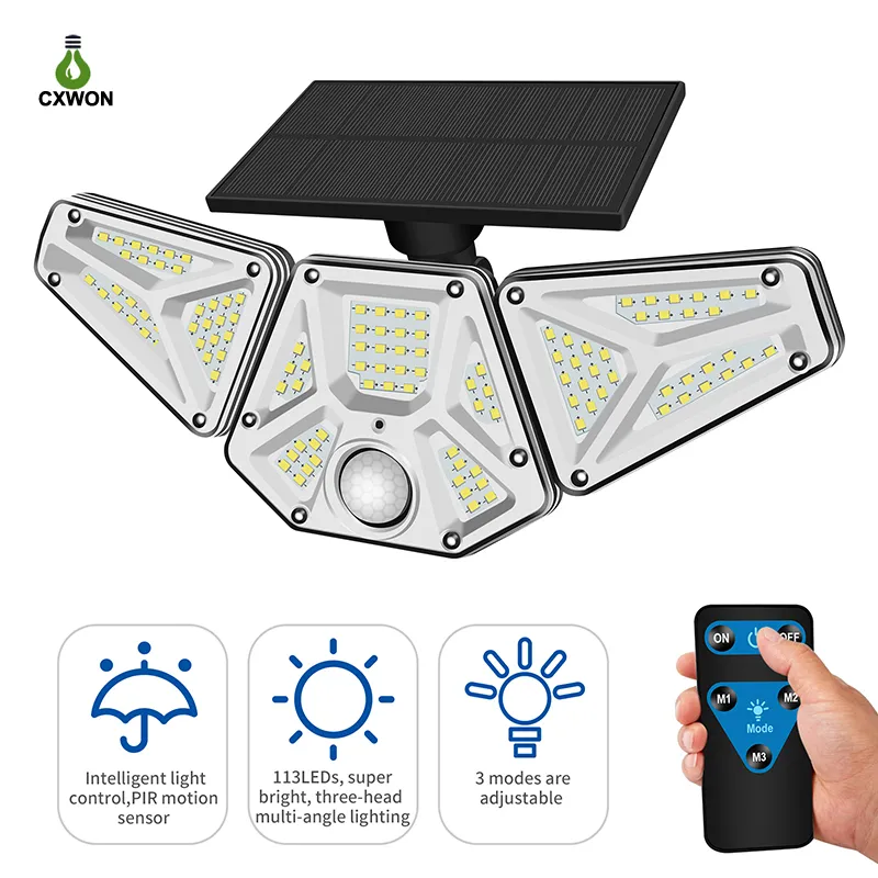3 Heads Solar Outdoor Motion Sensor wall lamp IP65 Waterproof Flood Security Lights 6500K with remote control