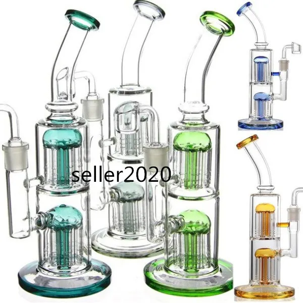 9.8inchs Double Arm Tree Perc Thick glass Water Bongs Hookahs Recycler Oil Rigs Smoke Glass Pipe With 14mm banger
