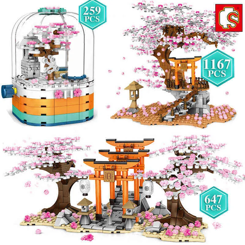 SEMBO 기술 가든 스트리트 뷰 체리 꽃 빌딩 블록 키트 소녀 일본 벚꽃 벽돌 성인 어린이 장난감 선물 AA220317