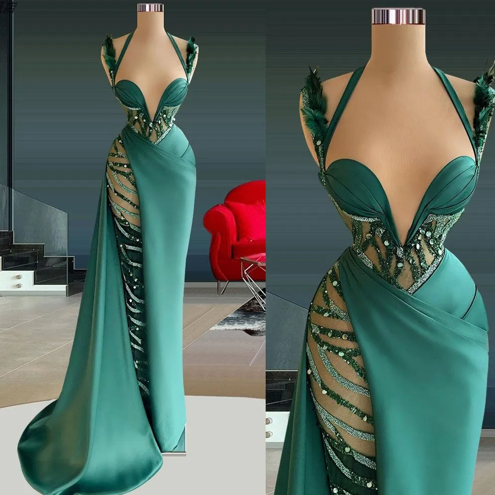 Sexy Sirène Illusion Robes De Bal Luxueux Satin Plume Paillettes Halter Soirée Formelle Robe De Soirée Sur Mesure