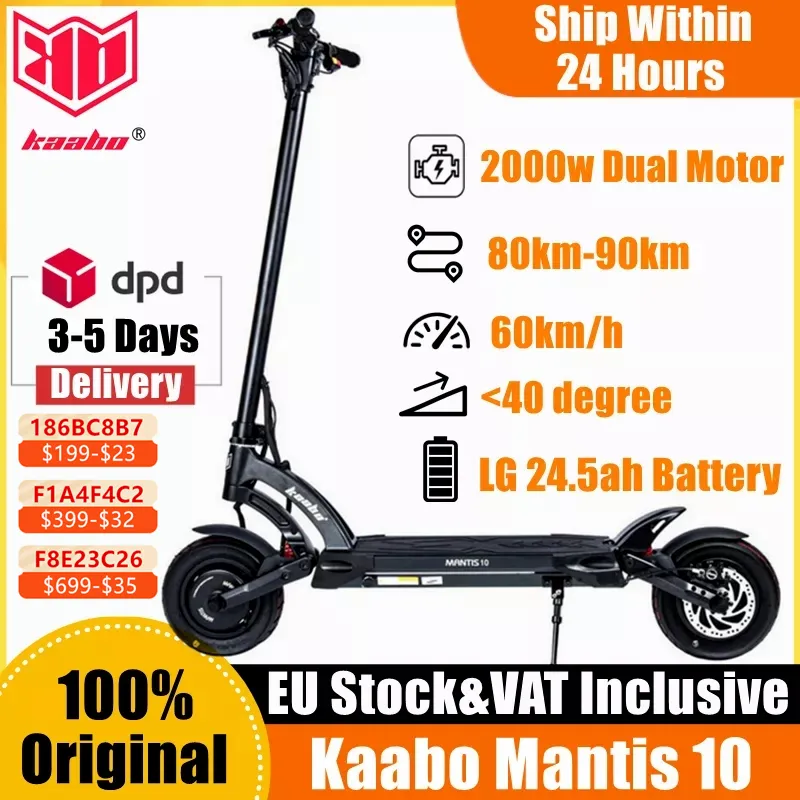 EU Stock Original Kaabo Mantis 10 PRO Plus Scooter 60V 18.2AH 24.5AH 2000W Dual Motor Electric Kickscooter LG/Samsung Battery Foldable Kick Scooter Inclusive of VAT