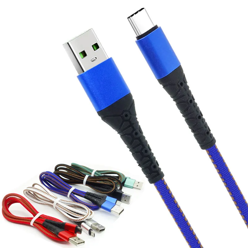 2.4a Cabos de carregamento rápido Micro USB Tipo-C Padrão de tecido de tecido tecreal de telefone celular para Android Samsung