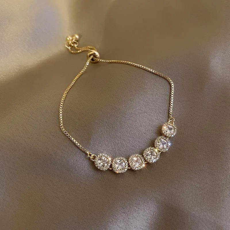 Charm Bracelets Trendy Female Crystal Round Bracelet Gold Color Chain for Women Bride White Zircon Wedding Braceletcharm