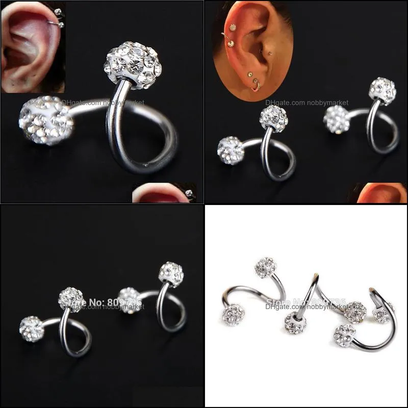 Other 1pcs/5pcs Crystal Double Balls Twisted Helix Cartilage Earring Piercing Body Jewelry Gauge 18G S Ear Labret Ring Steel