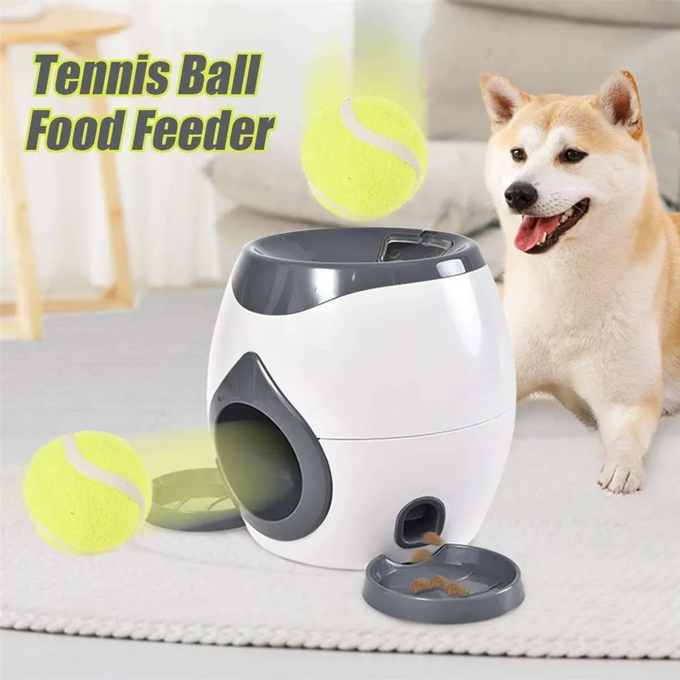 2 In 1 Pet Dog Toys Interactive Automatic Ball Launcher Tennis Emission Gooi speelgoed beloningsmachine Voedsel Dispenser Y2003302594