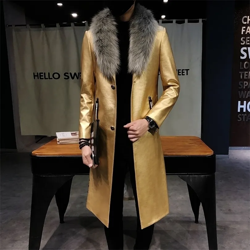 Big Fur Collar Mens Faux Cuir Trench Coats Hommes Pardessus de luxe Veste Homme Gold Long Manteaux Slim Fit Chaqueta Cuero Hombre 201128