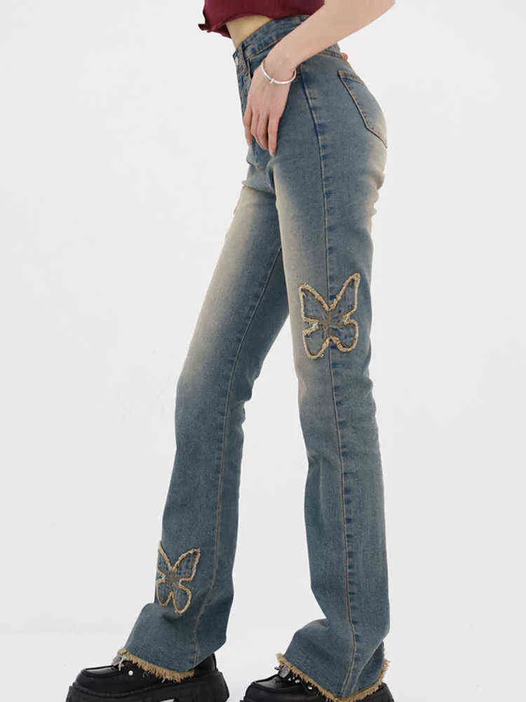 Vlinder Patch Borduren Alevlenmiş Kotlar Vrouwen Voorjaar Nieuwe Hoge Taille Amerikaanse Streting Slim Fit Raw Edge Denim Broek Vrouwelijke L220728