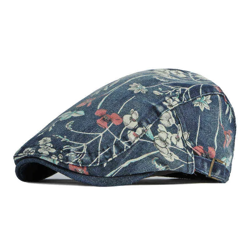 Ethnic Style Beret Hat For Women Men Fashion Print Flat Caps Male British Forward Hat Washed Denim Visor Fishbone Newsboy cap J220722