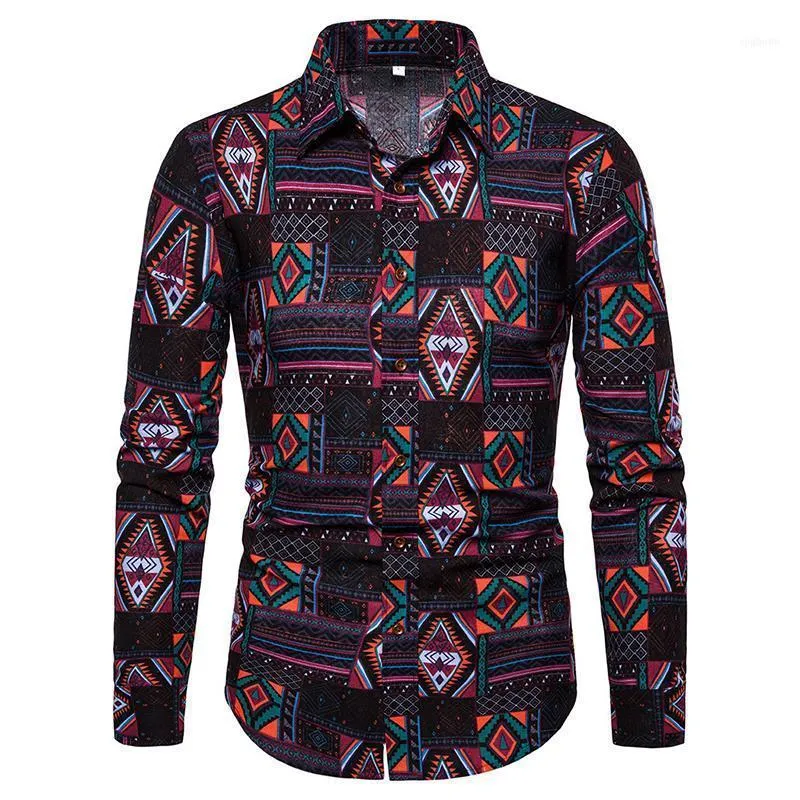 Mens Tops Autumn Printed Casual Fashion Work Long Sleeve Lapel Shirts Slim Fit 20221