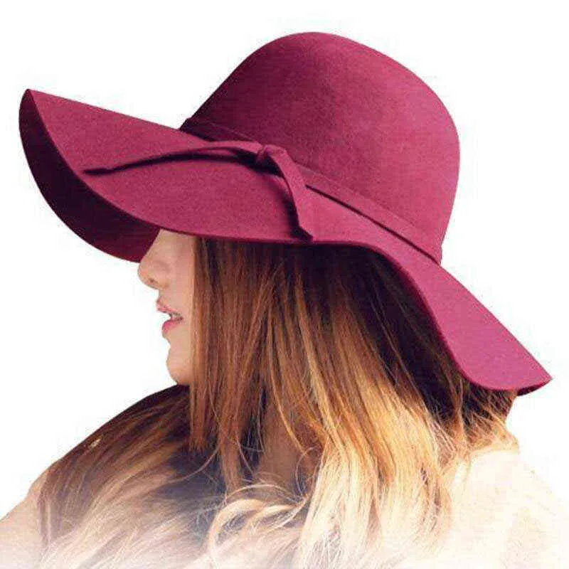 Otoño Invierno Verano Moda Fedoras Vintage Pure Women's Beach Sombrero para el sol Ondas femeninas Gran ala Sunbonnet Fedoras Lady Sun Hat G220301