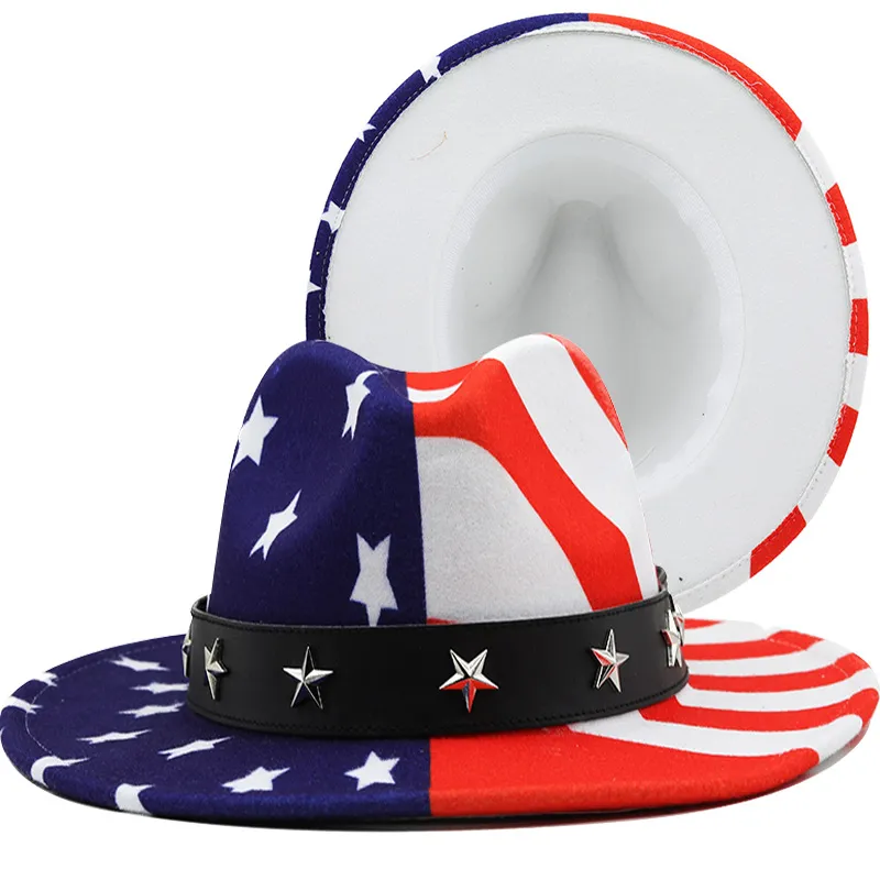 Sombrero Fedora de fieltro con bandera americana para mujeres y hombres, sombrero de ala ancha panamá de retales Vintage, sombrero de estilo gánster, gorras de Jazz, sombrero elegante de lujo para mujer