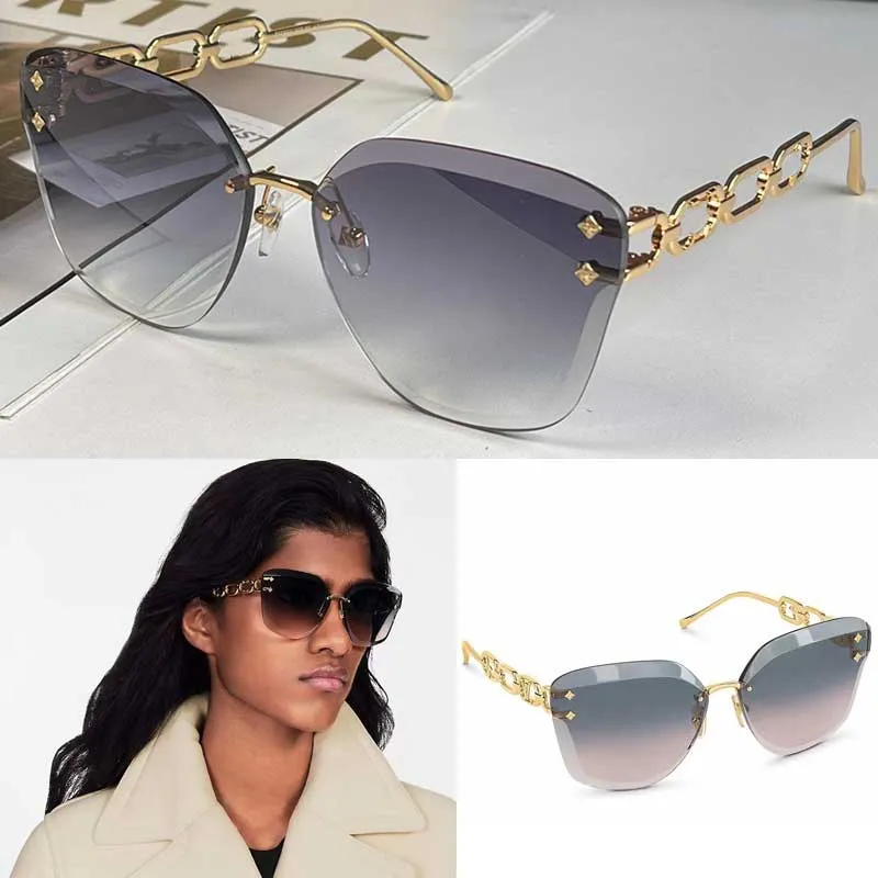 Jewel Cat Eye Solglasögon Z1626U Lyxvarumärkesdesigner Rimless Gradient Lens Metal Chain Temple med klassisk kvinnlig personlighet All-Match Glasses Z1628U